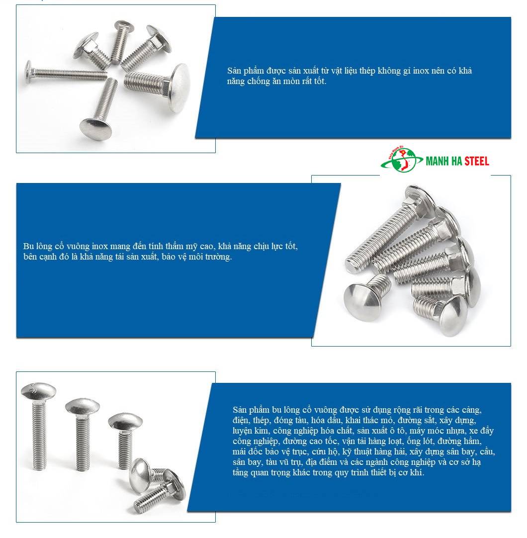 Bulông đầu tròn cổ vuông inox 304