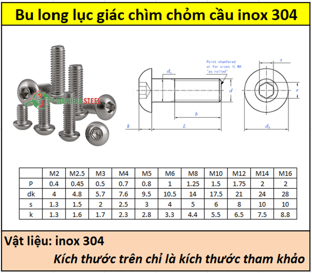 Bulông lục giác chìm chỏm cầu inox 304